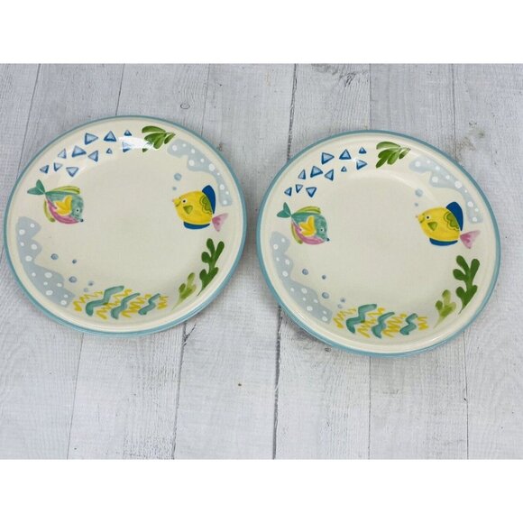 Studio Nova BARRIER REEF Y2310 Two Fish Plants Aqua Stoneware Salad Plates Set 4 - Picture 2 of 11